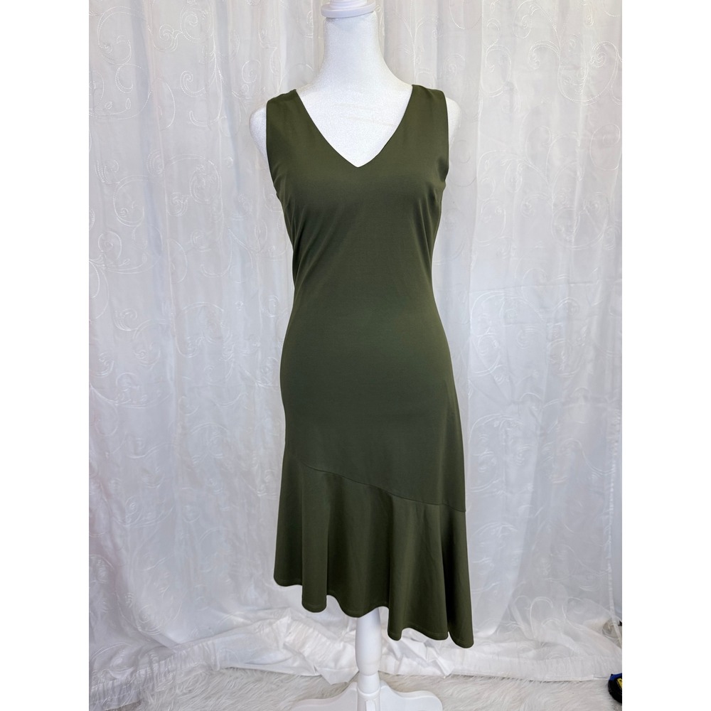 Bar III Womens Olive Green Asymmetrical Ruffle Hem V-Neck Midi Sheath Dress XS